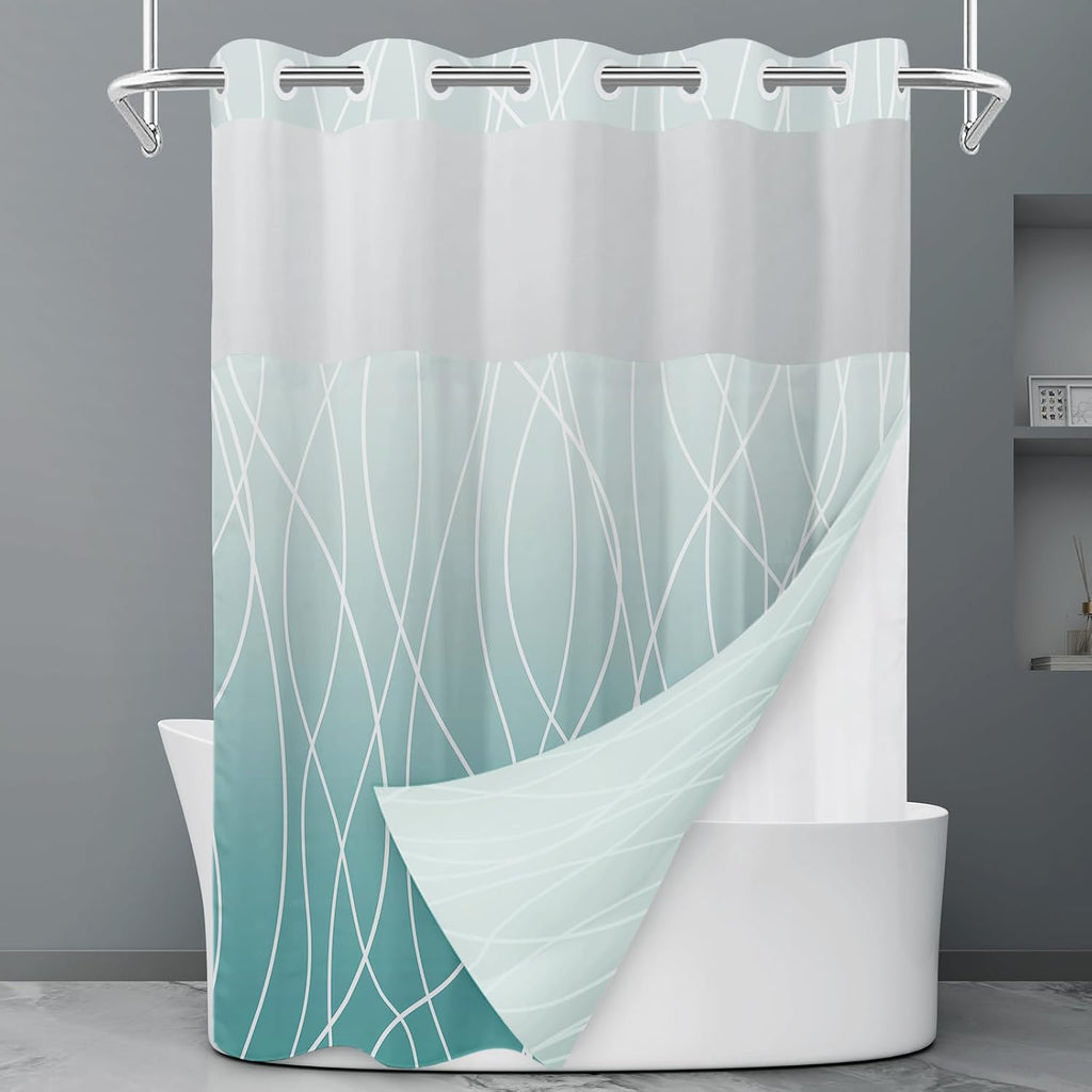No Hook Grey White Striped Shower Curtain with Snap in Fabric Liner Set - Hotel Liner Set with See Through Mesh Top Window,Machine Washable, 71x74 INCH