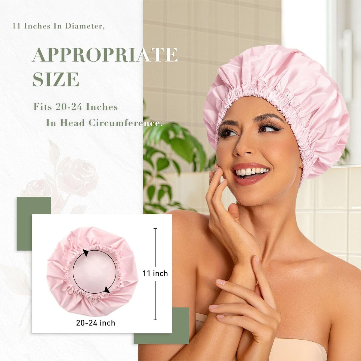 Reusable Shower Cap for Women, Large Waterproof Shower Bonnet Washable Elastic Band Bath Hair Hat for Long Hair, Braids(Pink)