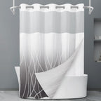 No Hook Grey White Striped Shower Curtain with Snap in Fabric Liner Set - Hotel Liner Set with See Through Mesh Top Window,Machine Washable, 71x74 INCH