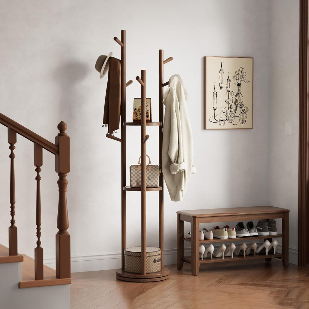 Solid Wood Rotary Coat Rack, Freestanding Coat Rack with 3 Shelves and 9 Hooks, Coat tree for Bedroom, Entryway, Livingroom, Coat Hanger Stand for Coats, Scarves, Handbags (Walnut)