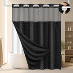 No Hook Shower Curtain and Liner Set, Black Snap in Shower Curtain Ringless Chevron Tufted Cloth Waterproof Washable Fabric Bath Curtain with See Through Top Window for Bathroom Hotel 71" x 74"