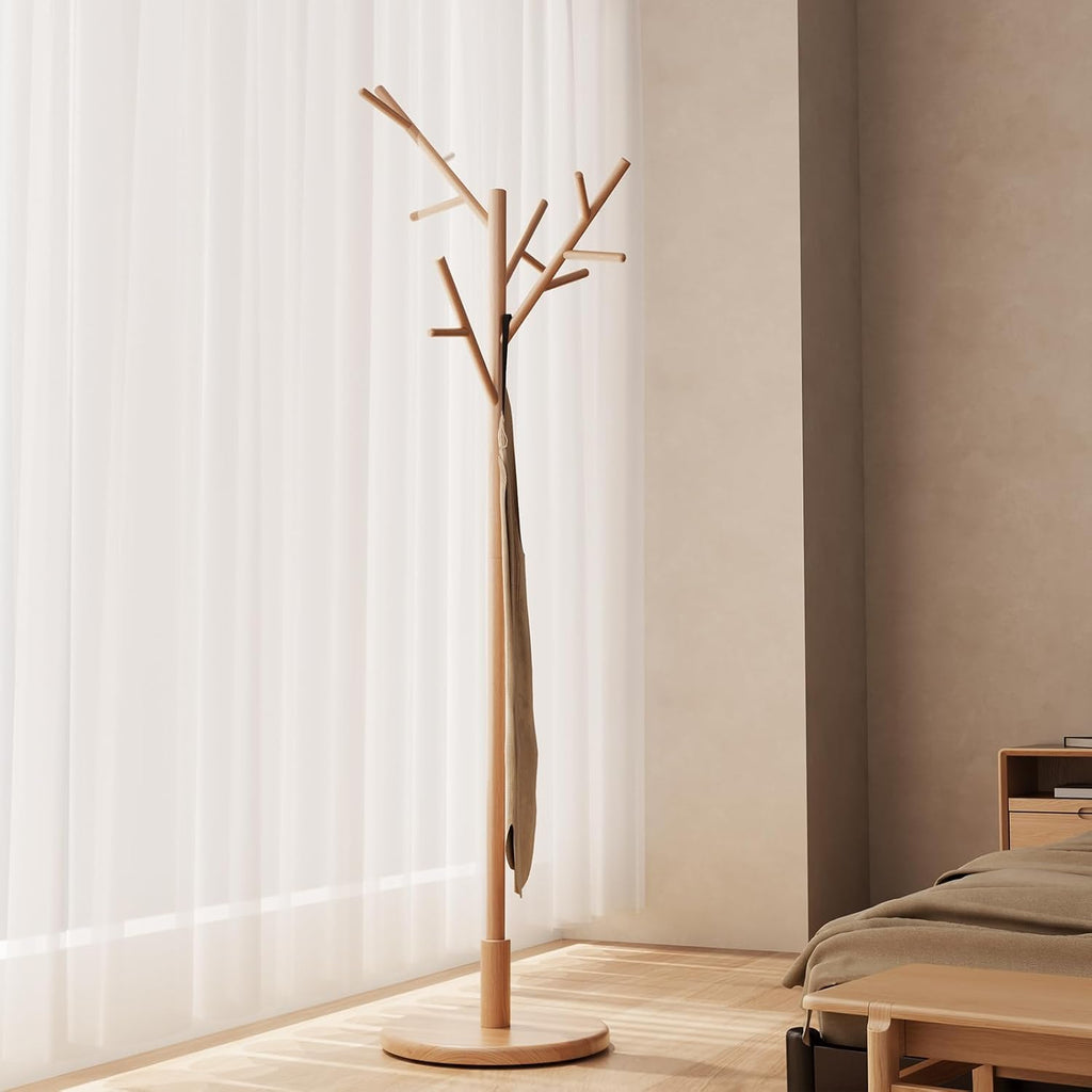 Coat Rack,Solid Wood Coat Rack Freestanding with 12 Hooks,Coat tree freestanding 3 Adjustable Heights for coat, Hats, Handbags，Coat Stand for Entryway,Bedroom (Walnut)