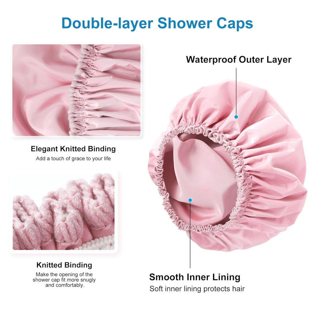 Shower Cap for Women, Double Layer Waterproof Bath Cap, Reusable Hair Protector, Large Waterproof Shower Bonnet Washable Elastic Band Bath Hair Hat for Long Hair, Braids， - Pink