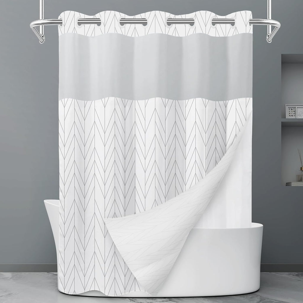 No Hook Grey White Striped Shower Curtain with Snap in Fabric Liner Set - Hotel Liner Set with See Through Mesh Top Window,Machine Washable, 71x74 INCH