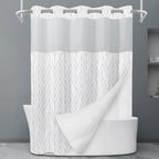No Hook Grey White Striped Shower Curtain with Snap in Fabric Liner Set - Hotel Liner Set with See Through Mesh Top Window,Machine Washable, 71x74 INCH