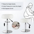 White Vanity Chair for Makeup Room Round Ottoman Tufted PU Leather Makeup Chair Vanity Stools for Bathroom Height Adjustable 360 Swivel