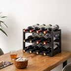 Bamboo Wine Rack, Sturdy and Durable Wine Storage Cabinet Shelf, Wine Racks Countertop for Pantry,Kitchen,3-Tier 12 Bottles Wine Rack Black