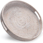 13.8 inch Round Rattan Tray, Decorative Coffee Table Tray, Ottoman Tray, Woven Serving Tray with Handles, Wicker Serving Basket, Whitewash