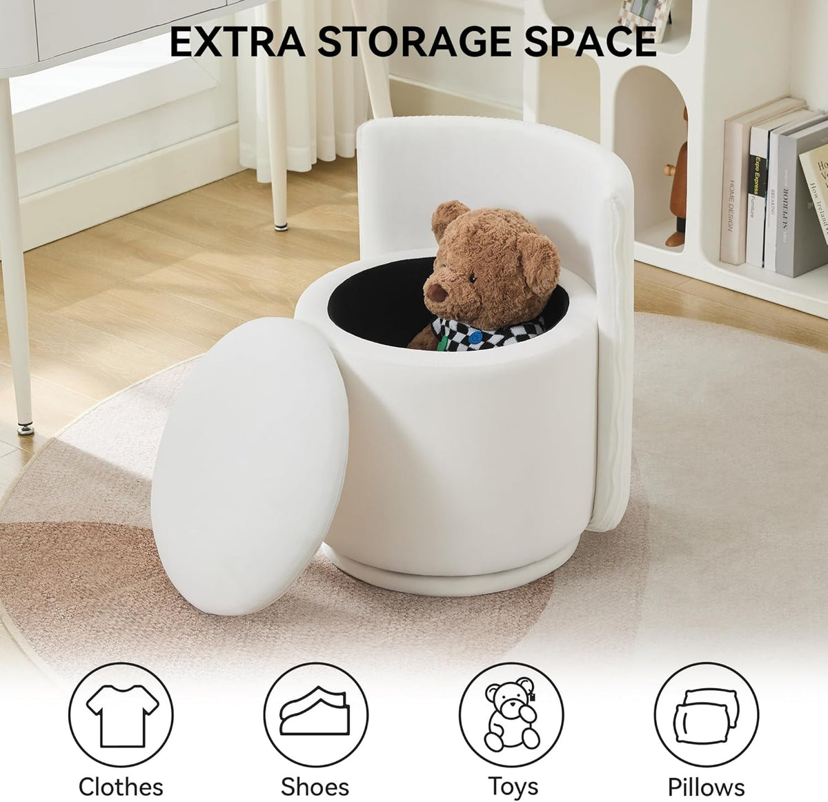 Velvet Vanity Chair with Storage, 360° Swivel Makeup Chair with Wave Back, No Assembly Small Accent Stool for Bedroom, Dressing, Living Room, White