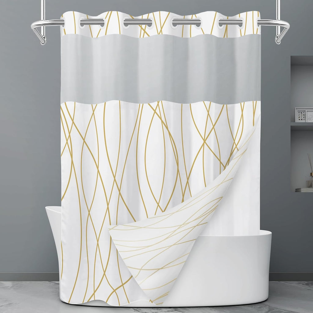 No Hook Grey White Striped Shower Curtain with Snap in Fabric Liner Set - Hotel Liner Set with See Through Mesh Top Window,Machine Washable, 71x74 INCH