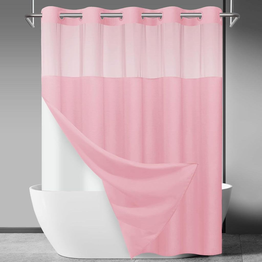 No Hook Slub Textured Shower Curtain with Snap in Liner - Black Fabric Outer Curtain & Waterproof Inner Liner, Hotel Style with See Through Top Window, 71x74 in