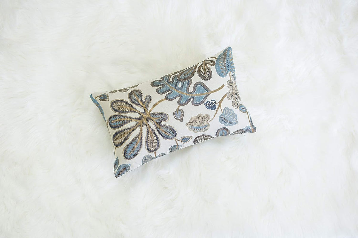 Mika Home Set of 2 Jacquard Tropical Leaf Pattern Oblong Throw Pillow Covers Accent Pillowcase 12X20 Inches,Blue Cream